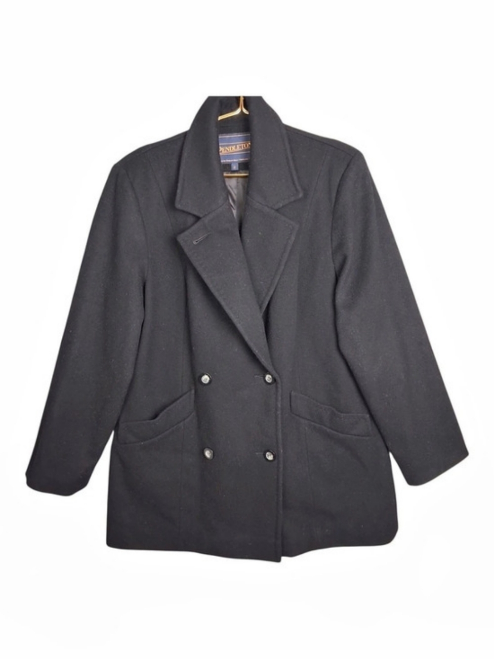 Vtg Pendleton Wool Coat Womens 12 Black Double Breasted Pea Jacket Made In USA